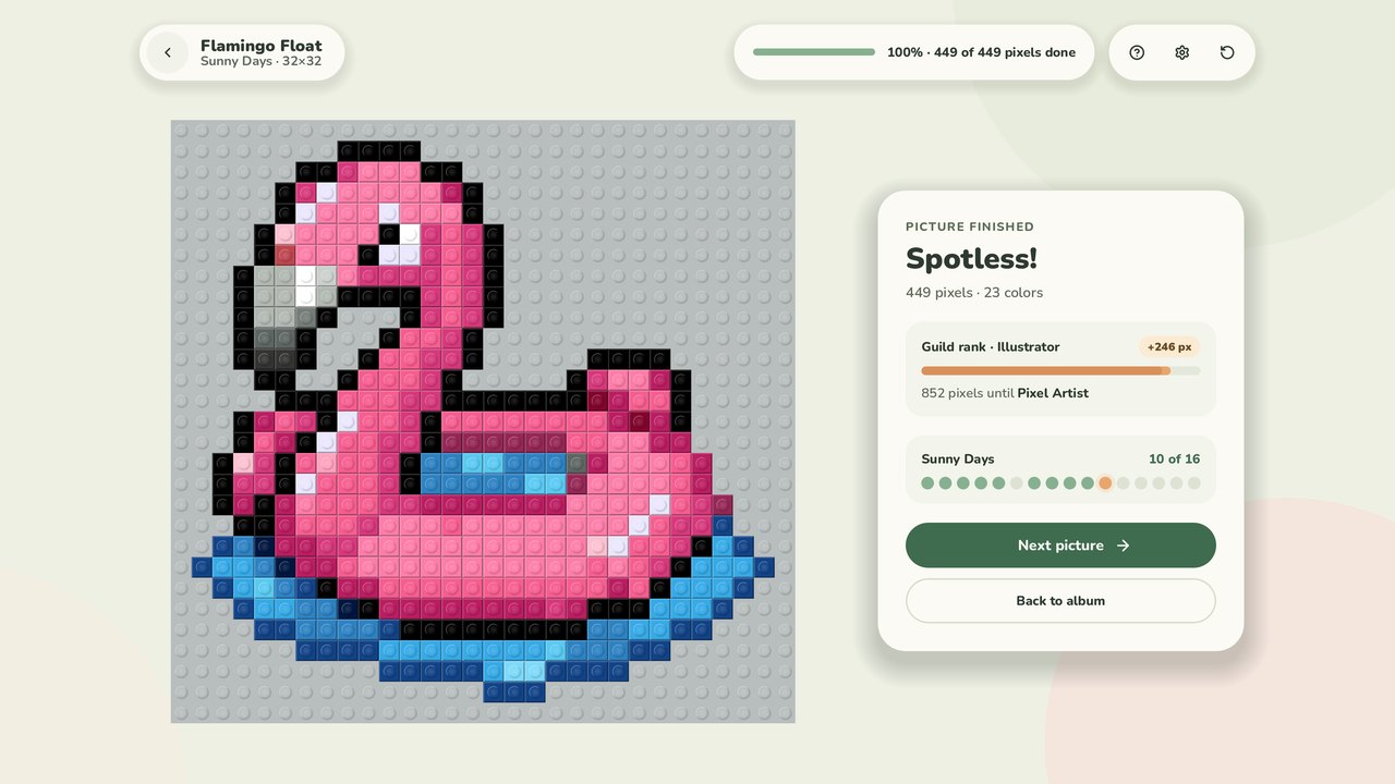 A flamingo pool float built from toy bricks, finished